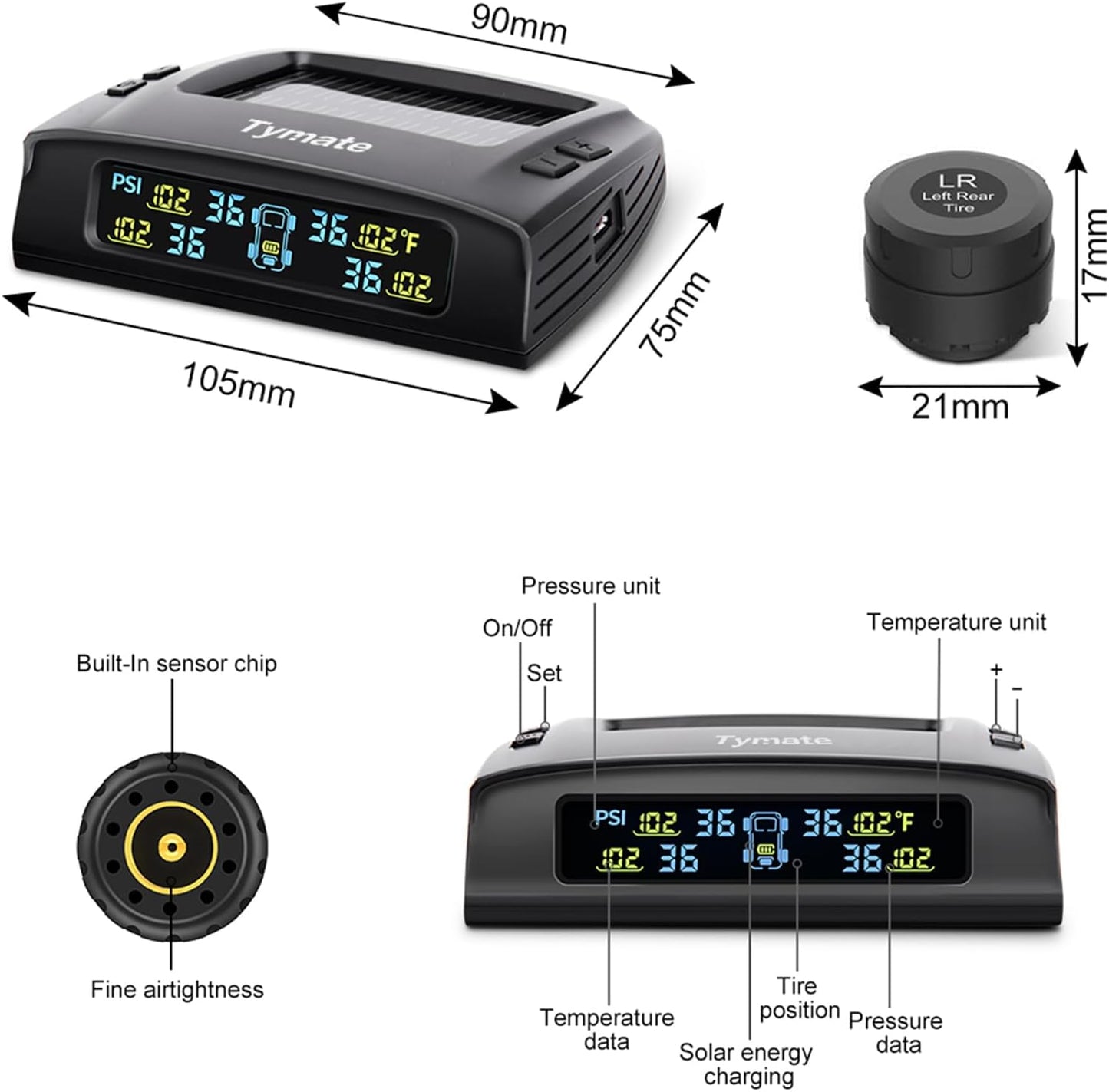 Tymate M7-3 Tire Pressure Monitoring System with Color LCD Display Screen